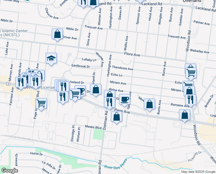 map of restaurants, bars, coffee shops, grocery stores, and more near 9719 Ridge Avenue in Overland