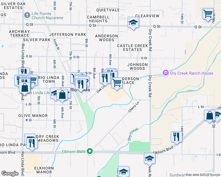 map of restaurants, bars, coffee shops, grocery stores, and more near 950 Oak Lane in Rio Linda
