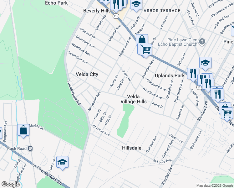 map of restaurants, bars, coffee shops, grocery stores, and more near 3000 Gary Drive in St. Louis
