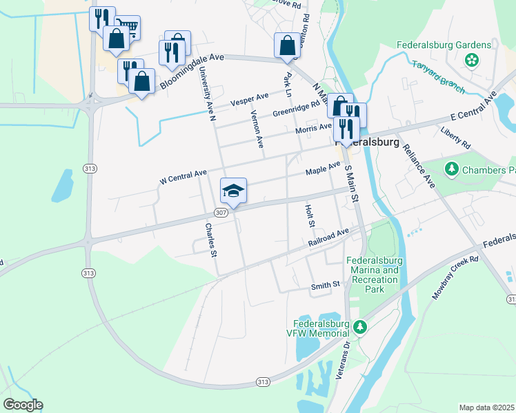 map of restaurants, bars, coffee shops, grocery stores, and more near 412 Academy Avenue in Federalsburg