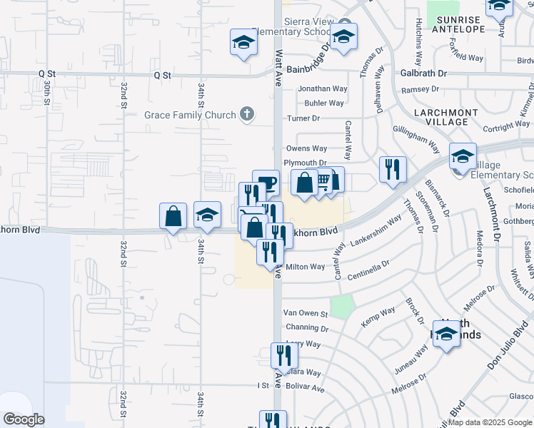 map of restaurants, bars, coffee shops, grocery stores, and more near 3601 Elkhorn Boulevard in North Highlands