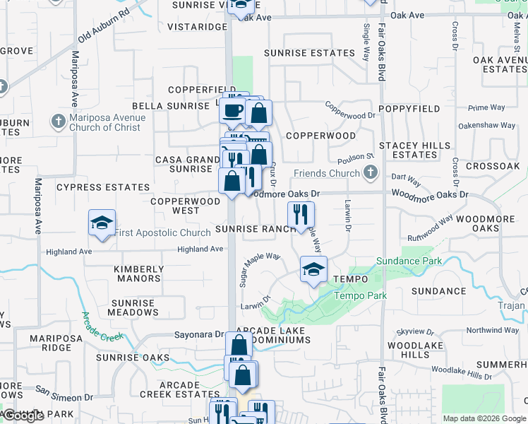 map of restaurants, bars, coffee shops, grocery stores, and more near 6923 Trovita Way in Citrus Heights