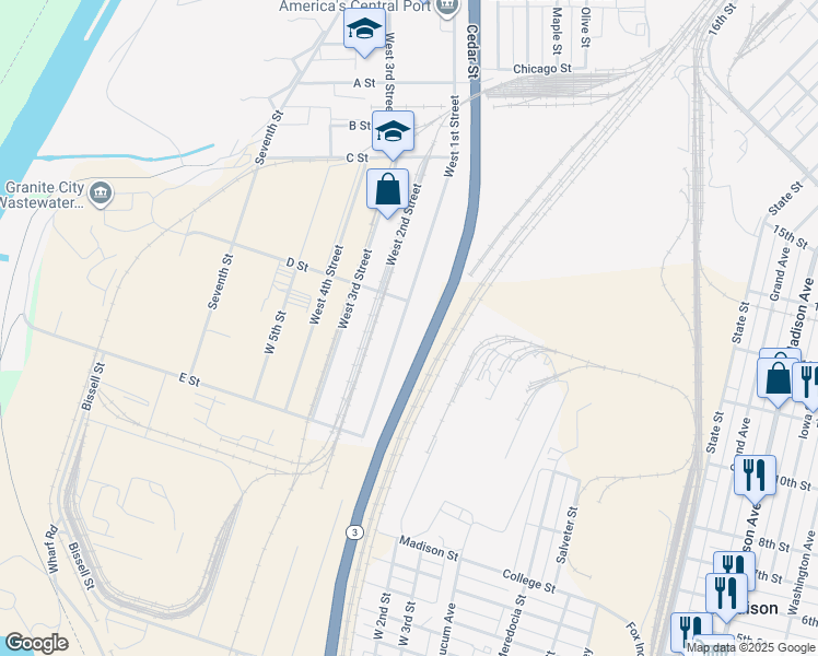 map of restaurants, bars, coffee shops, grocery stores, and more near 1250 West 1st Street in Granite City