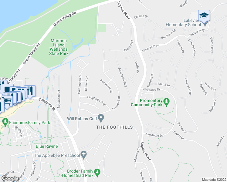 map of restaurants, bars, coffee shops, grocery stores, and more near 1448 Berriedale Court in Folsom
