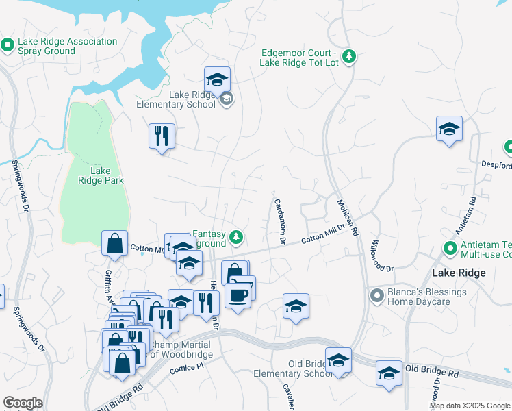 map of restaurants, bars, coffee shops, grocery stores, and more near 12119 Fort Craig Drive in Woodbridge
