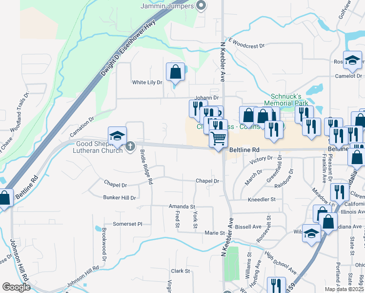 map of restaurants, bars, coffee shops, grocery stores, and more near 1101 Beltline Road in Collinsville