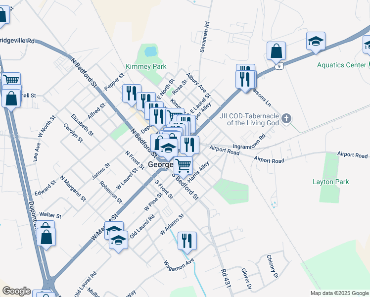 map of restaurants, bars, coffee shops, grocery stores, and more near 120 East Market Street in Georgetown