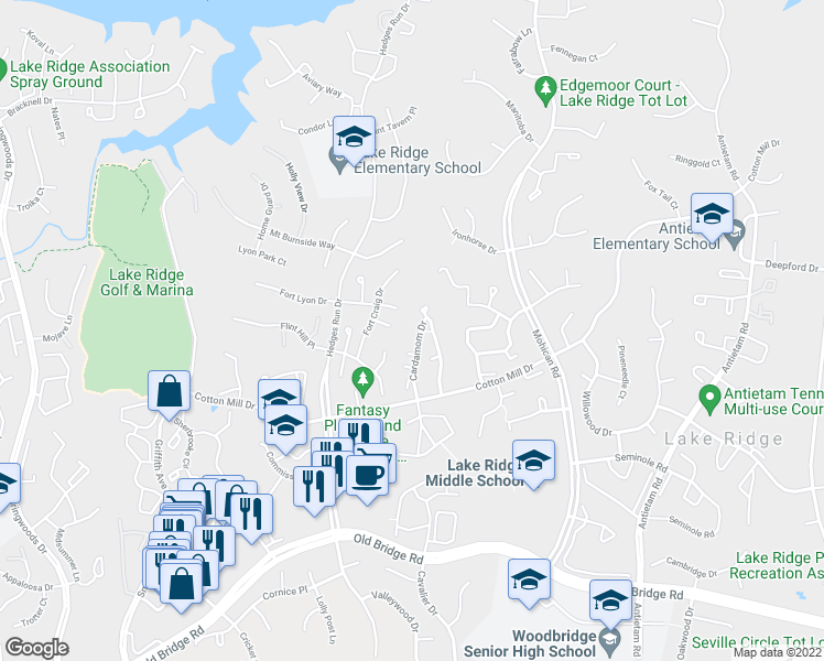 map of restaurants, bars, coffee shops, grocery stores, and more near 12092 Cardamom Drive in Woodbridge