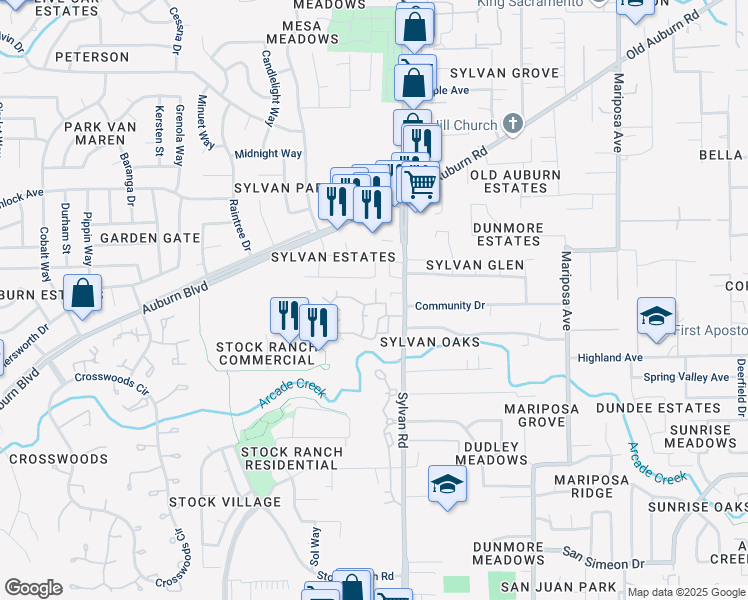 map of restaurants, bars, coffee shops, grocery stores, and more near 7365 Huntington Square Lane in Citrus Heights