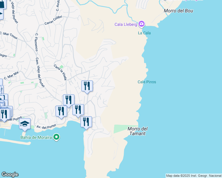 map of restaurants, bars, coffee shops, grocery stores, and more near 23 Calle Puerto de la Laja in Teulada