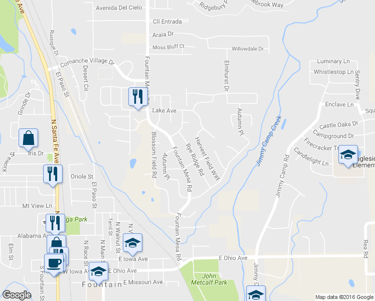 map of restaurants, bars, coffee shops, grocery stores, and more near 717 Rye Ridge Road in Fountain