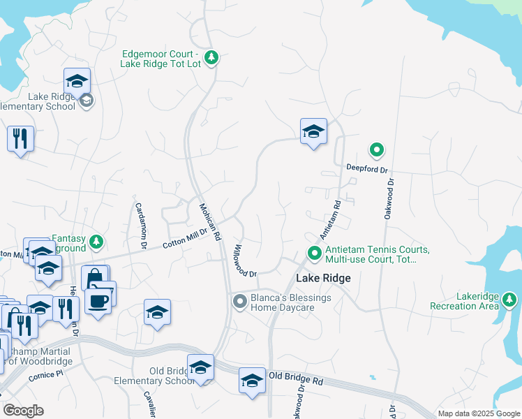 map of restaurants, bars, coffee shops, grocery stores, and more near 12139 Pineneedle Court in Woodbridge