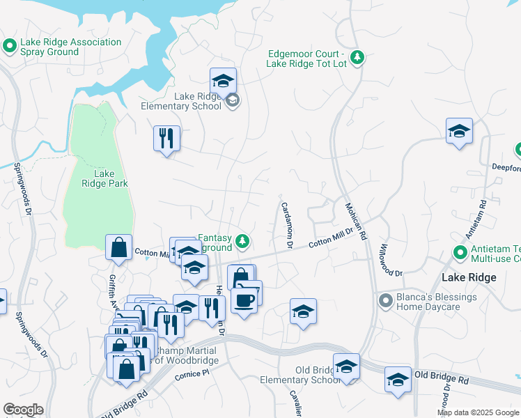 map of restaurants, bars, coffee shops, grocery stores, and more near 12119 Fort Craig Drive in Woodbridge