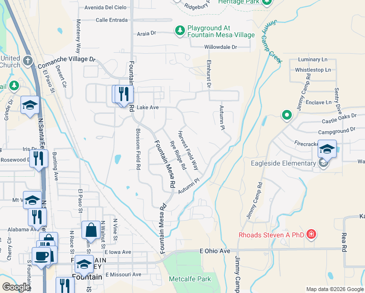 map of restaurants, bars, coffee shops, grocery stores, and more near 709 Harvest Field Way in Fountain