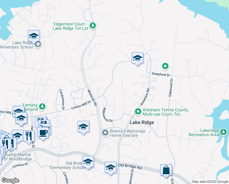 map of restaurants, bars, coffee shops, grocery stores, and more near 12139 Pineneedle Court in Woodbridge