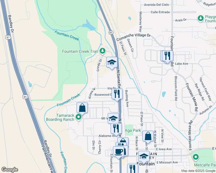 map of restaurants, bars, coffee shops, grocery stores, and more near 327 Iris Drive in Fountain