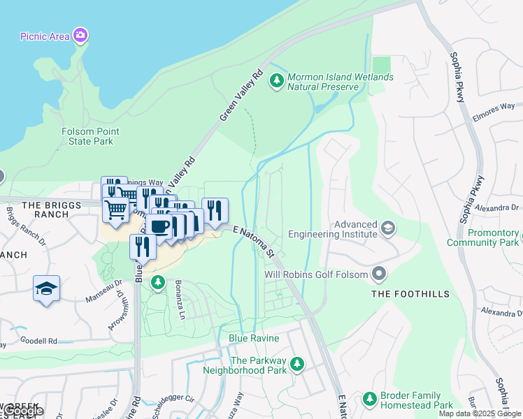 map of restaurants, bars, coffee shops, grocery stores, and more near 805 Esplanade Circle in Folsom