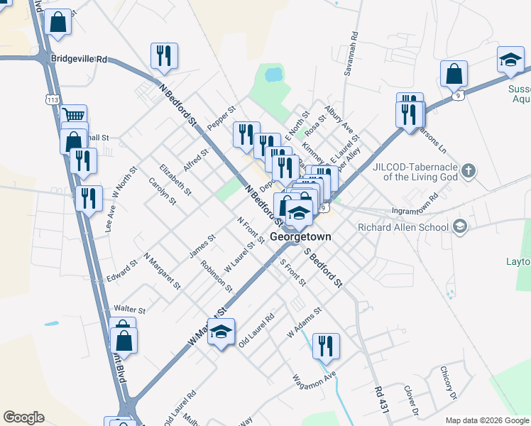 map of restaurants, bars, coffee shops, grocery stores, and more near in Georgetown