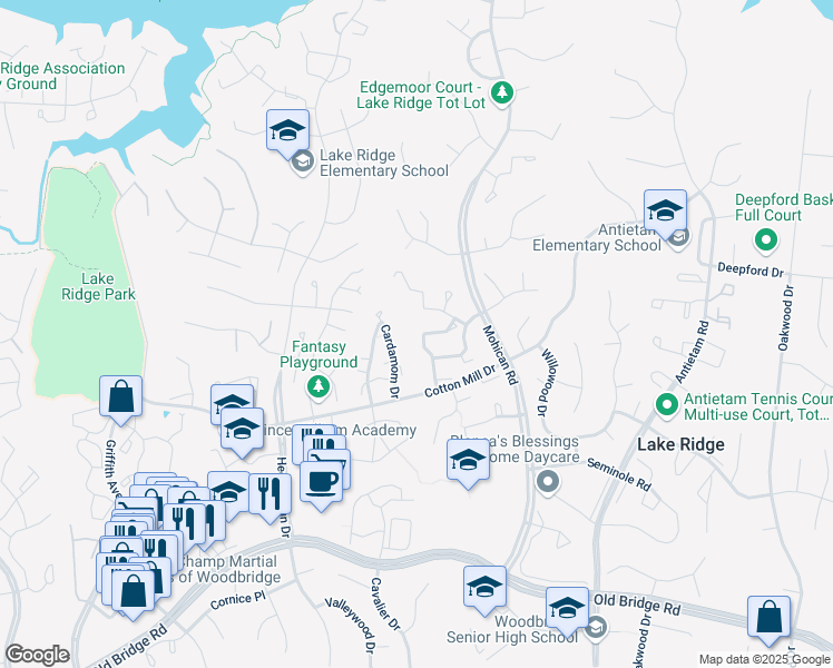 map of restaurants, bars, coffee shops, grocery stores, and more near 12112 Winona Drive in Woodbridge