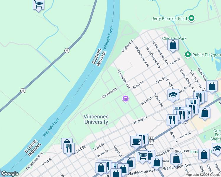 map of restaurants, bars, coffee shops, grocery stores, and more near 201 West Saint Clair Street in Vincennes