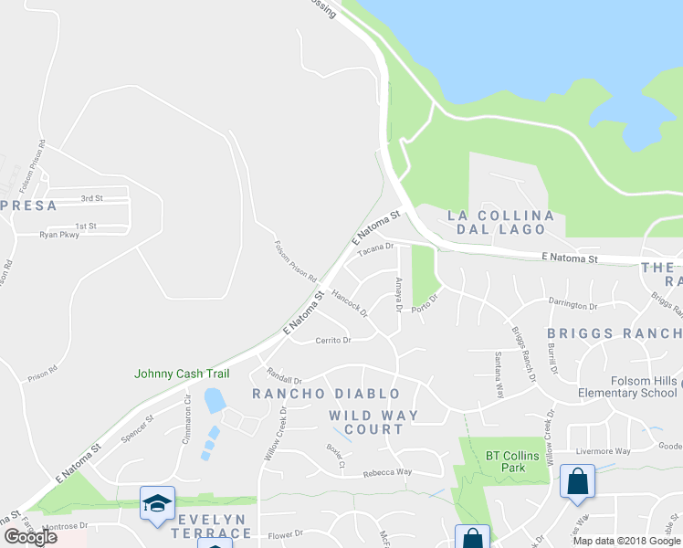 map of restaurants, bars, coffee shops, grocery stores, and more near 105 Tacana Drive in Folsom