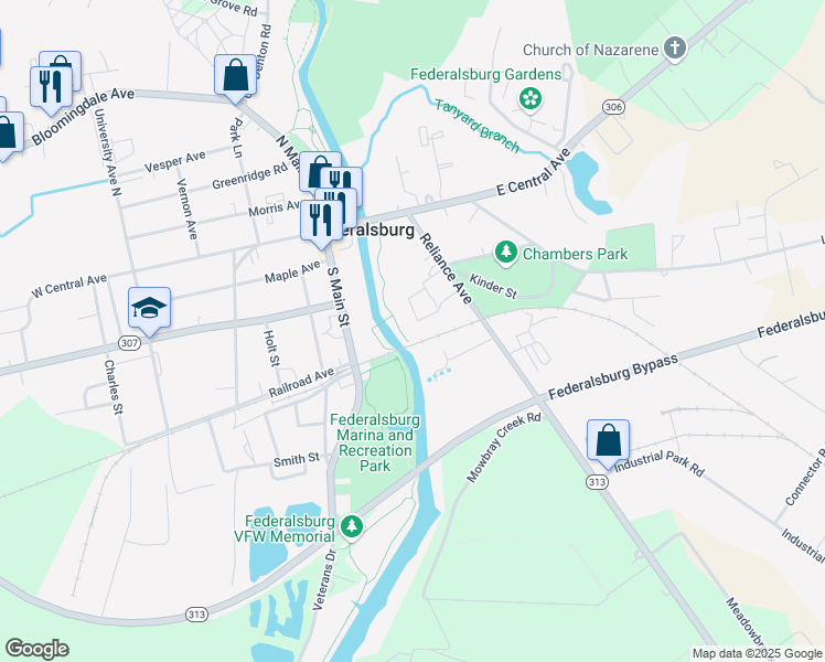 map of restaurants, bars, coffee shops, grocery stores, and more near 125 Kerney Street in Federalsburg