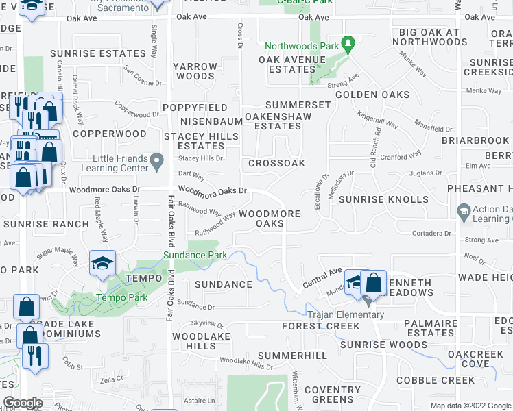 map of restaurants, bars, coffee shops, grocery stores, and more near 8116 Ruthwood Way in Orangevale