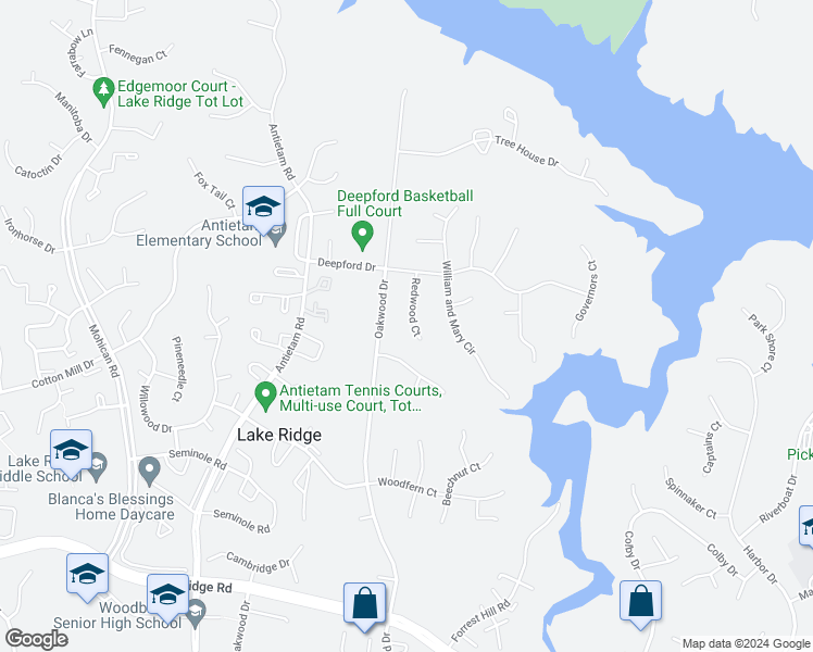map of restaurants, bars, coffee shops, grocery stores, and more near 12212 Redwood Court in Woodbridge