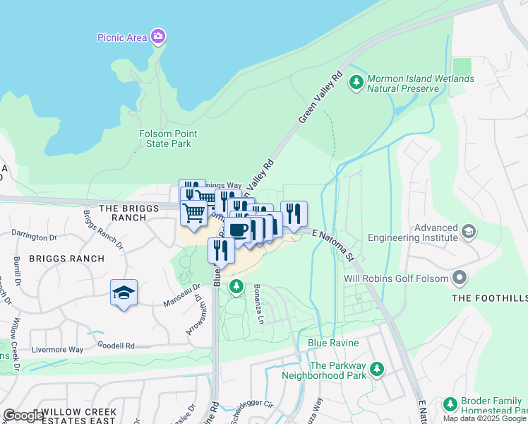 map of restaurants, bars, coffee shops, grocery stores, and more near 1528 Guzzetti Way in Folsom