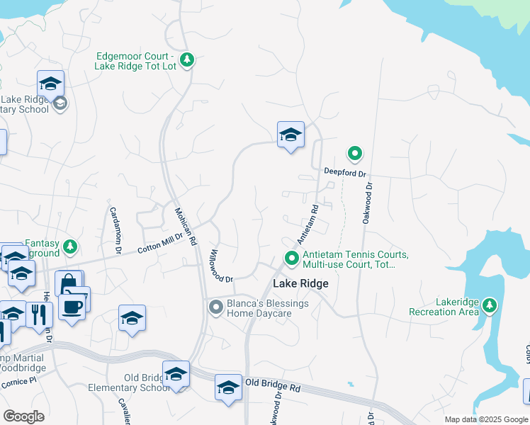 map of restaurants, bars, coffee shops, grocery stores, and more near 12067 Willowood Drive in Woodbridge