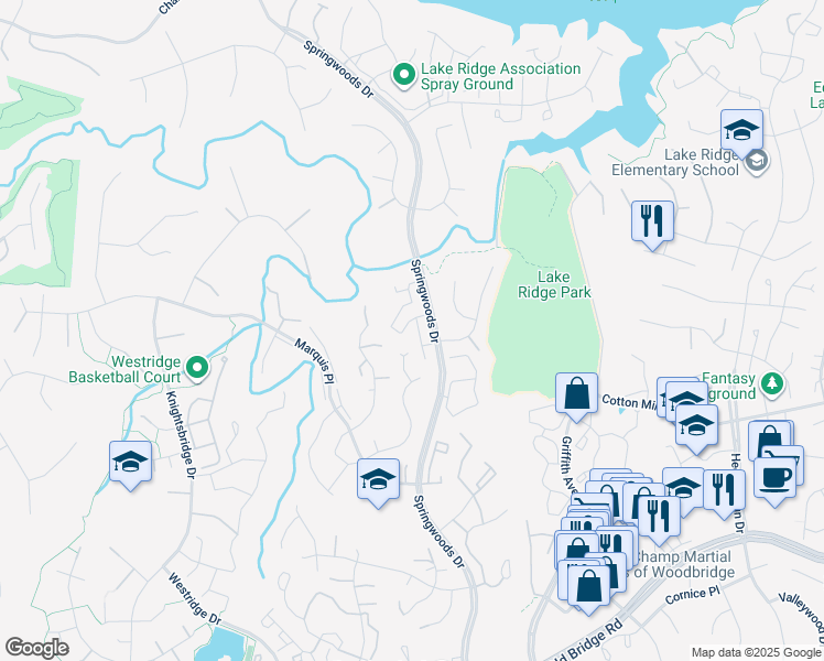map of restaurants, bars, coffee shops, grocery stores, and more near 12158 Old Salem Court in Woodbridge