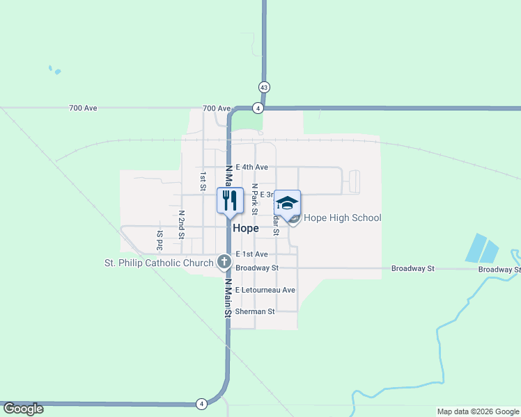 map of restaurants, bars, coffee shops, grocery stores, and more near 214 North Cedar Street in Hope