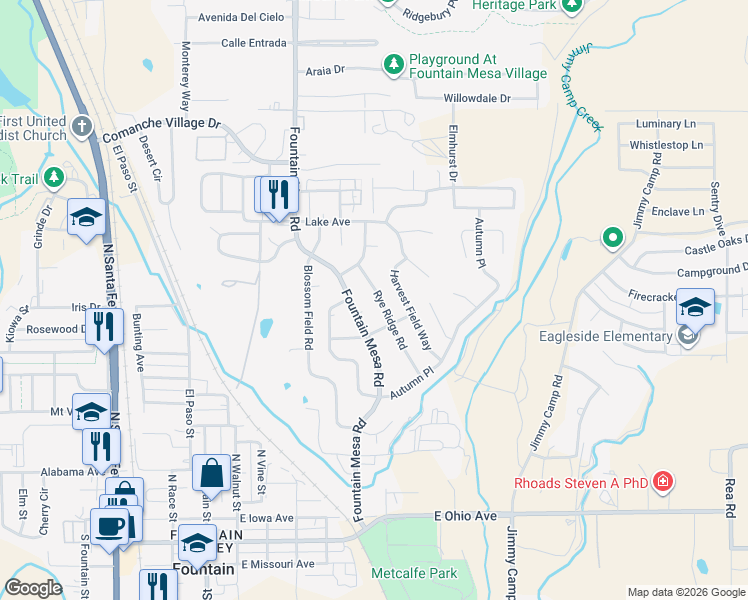 map of restaurants, bars, coffee shops, grocery stores, and more near 717 Rye Ridge Road in Fountain