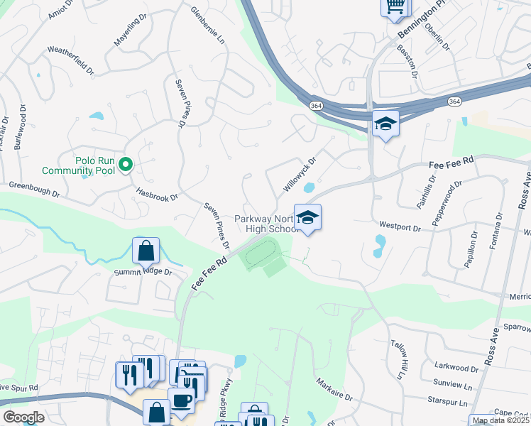 map of restaurants, bars, coffee shops, grocery stores, and more near 12863 Willowyck Drive in St. Louis