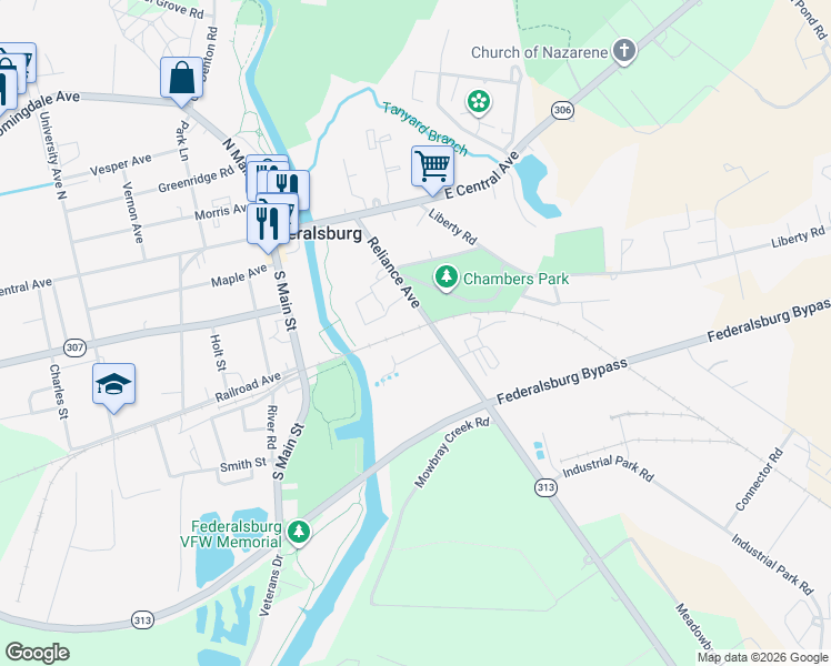 map of restaurants, bars, coffee shops, grocery stores, and more near 134 Kerney Street in Federalsburg
