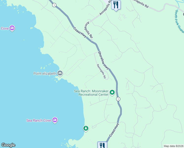 map of restaurants, bars, coffee shops, grocery stores, and more near 135 Shepherds Close in Sea Ranch