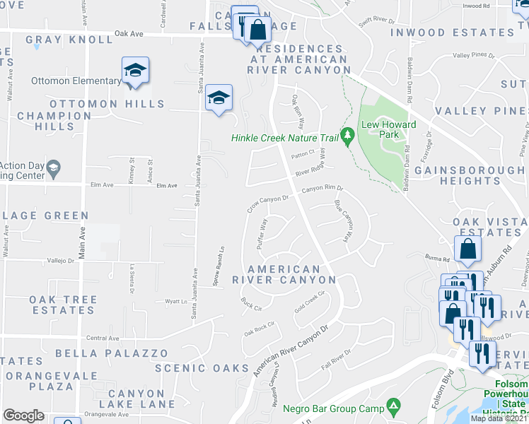 map of restaurants, bars, coffee shops, grocery stores, and more near 120 Puffer Way in Folsom
