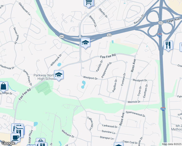 map of restaurants, bars, coffee shops, grocery stores, and more near 12645 Westport Drive in St. Louis