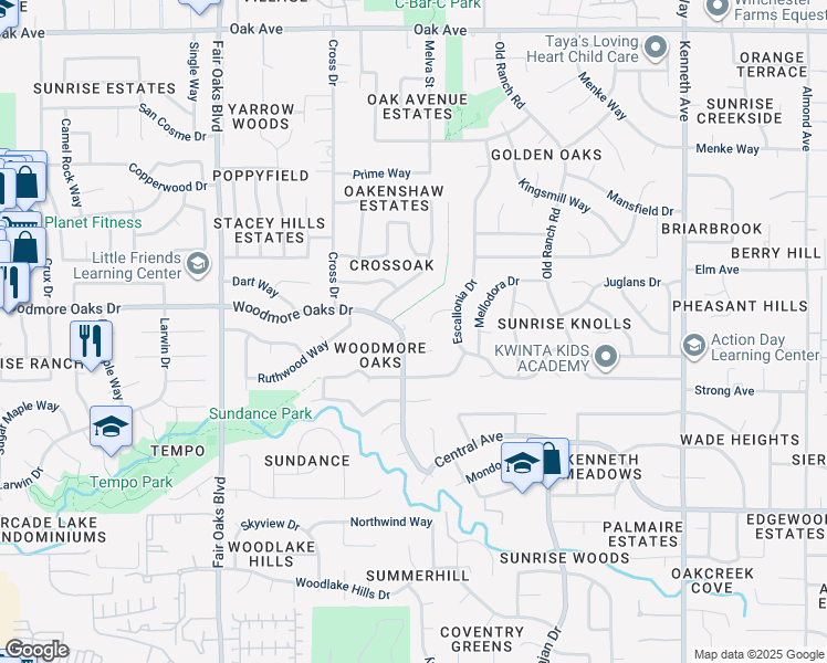 map of restaurants, bars, coffee shops, grocery stores, and more near 8120 Hardwood Court in Orangevale