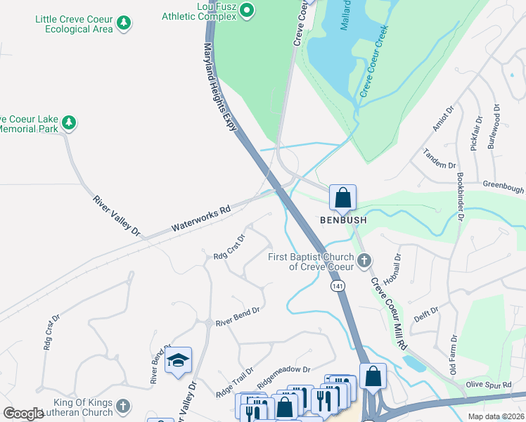 map of restaurants, bars, coffee shops, grocery stores, and more near 158 Ridgecrest Drive in Chesterfield