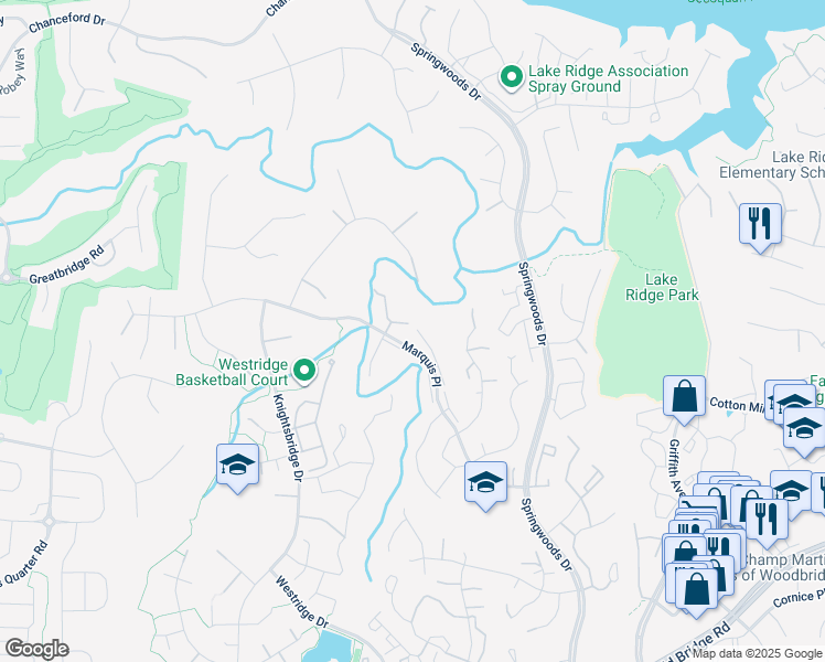map of restaurants, bars, coffee shops, grocery stores, and more near 3931 Pepperidge Court in Woodbridge
