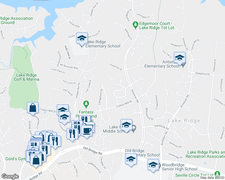 map of restaurants, bars, coffee shops, grocery stores, and more near 12108 Winona Drive in Woodbridge