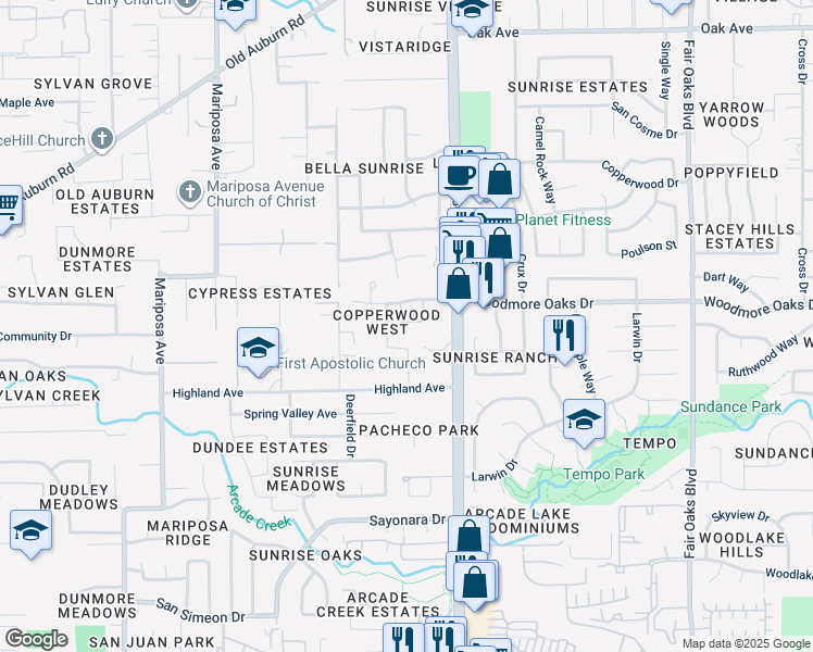 map of restaurants, bars, coffee shops, grocery stores, and more near 7870 Locher Way in Citrus Heights