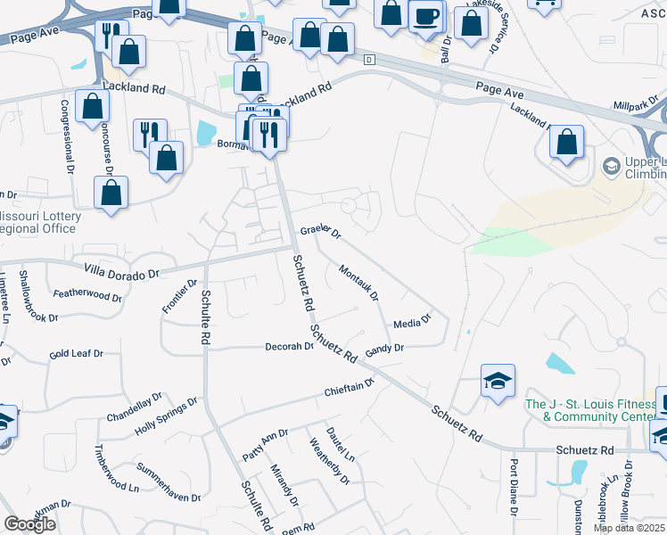 map of restaurants, bars, coffee shops, grocery stores, and more near 3 Montauk Court in St. Louis