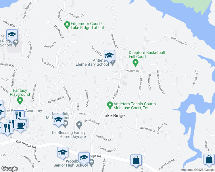 map of restaurants, bars, coffee shops, grocery stores, and more near 2940 Madeira Court in Woodbridge