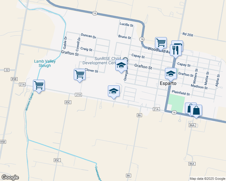 map of restaurants, bars, coffee shops, grocery stores, and more near 17120 Omega Street in Esparto