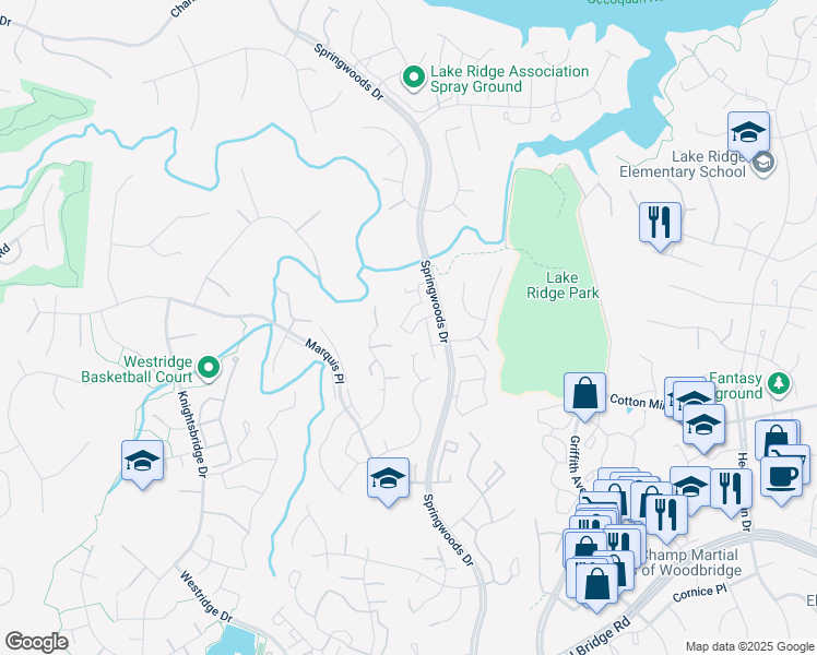 map of restaurants, bars, coffee shops, grocery stores, and more near 12149 Salemtown Drive in Woodbridge