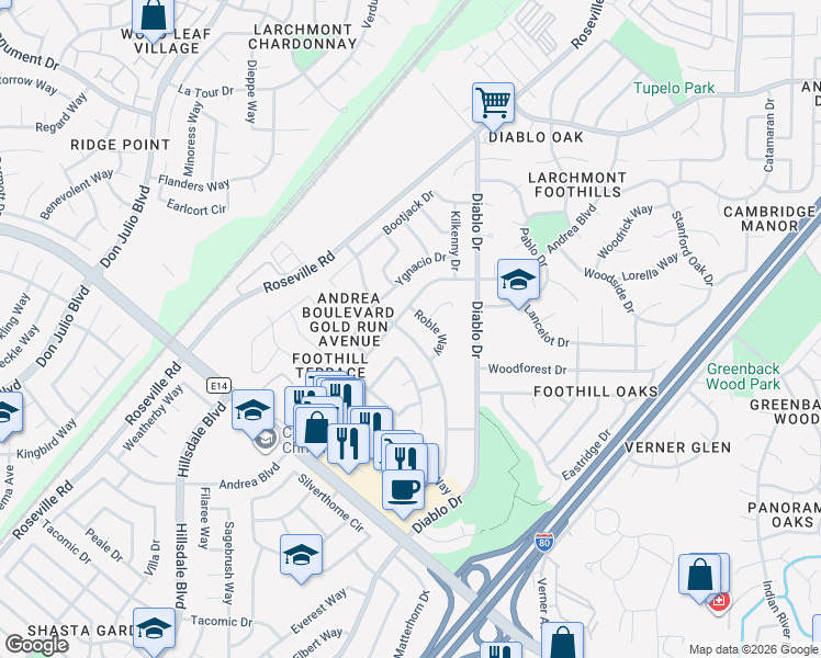 map of restaurants, bars, coffee shops, grocery stores, and more near 6820 Gold Run Avenue in Sacramento