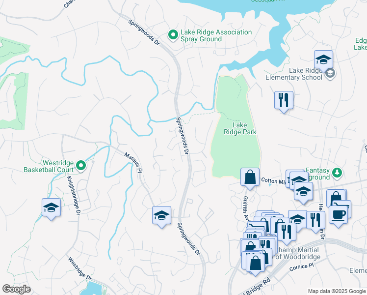 map of restaurants, bars, coffee shops, grocery stores, and more near 12156 Springwoods Drive in Woodbridge