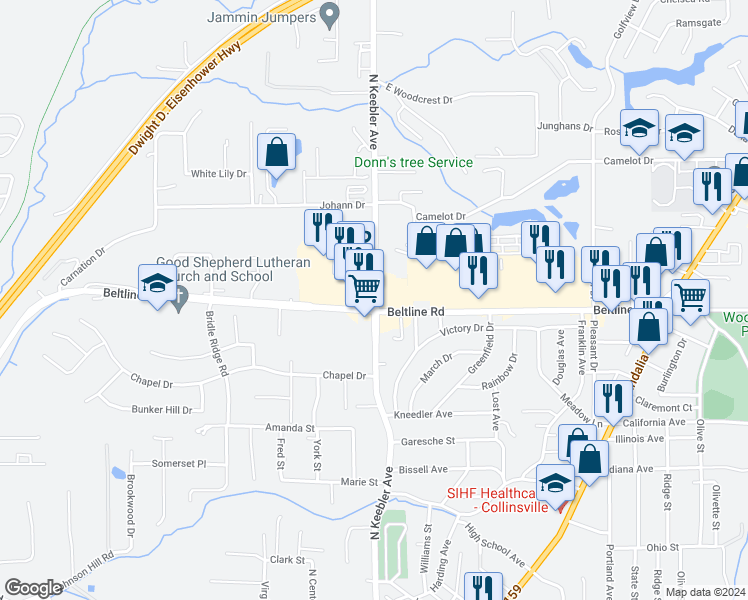 map of restaurants, bars, coffee shops, grocery stores, and more near 1815 North Keebler Avenue in Collinsville